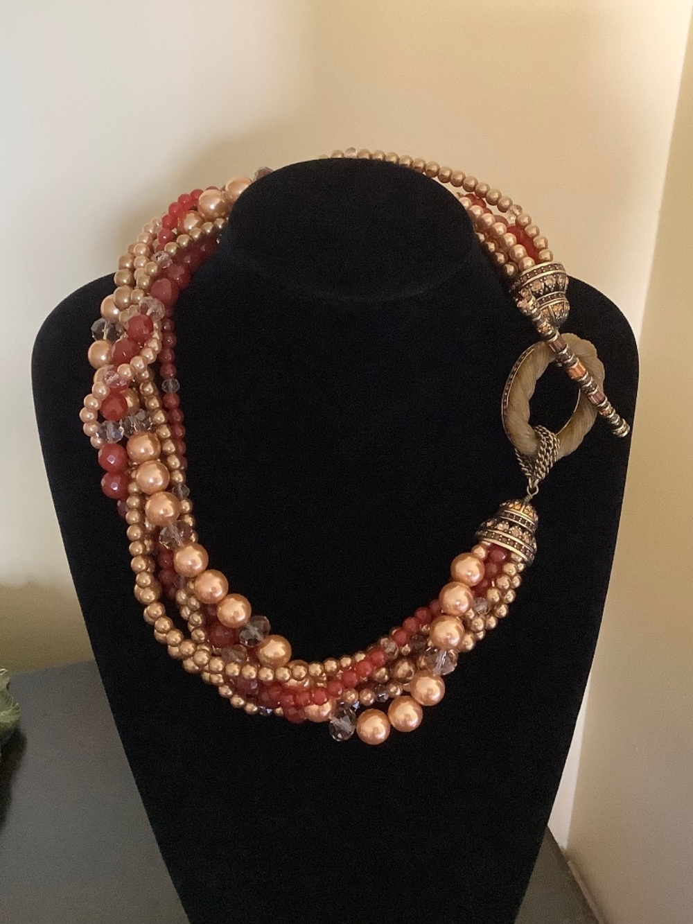 Heidi Daus Tailored Torsade  Beaded Crystal Toggle Necklace Gold Carnelian Multi